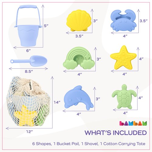 BAMBAM Baby – Premium Silicone Beach Toys for Toddlers & Baby | 100% BPA Free, Safety Tested | 8 Piece Sand Bucket Set for Kids Ages 6 Months and Up (Beach Blue)