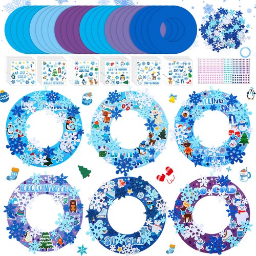 Hollowfly 48 Sets Winter Wreath Craft Kits DIY Snowflake Wreath Hanging Ornaments Make Your Own P...