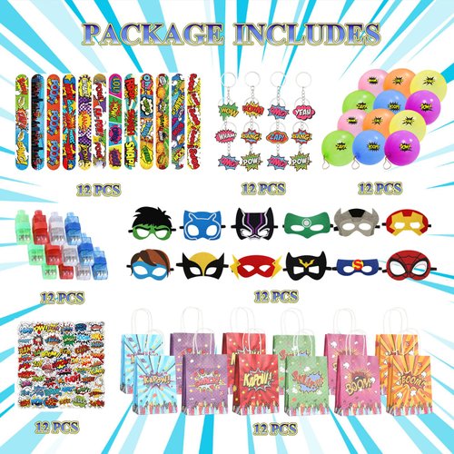APZ 122 Pcs Superhero Party Favors -Superhero Mask Slap Bracelets Keychains Stickers Punch Balloons Finger Lights and Gift Bags for Kids Hero Party Supplies Birthday Decorations