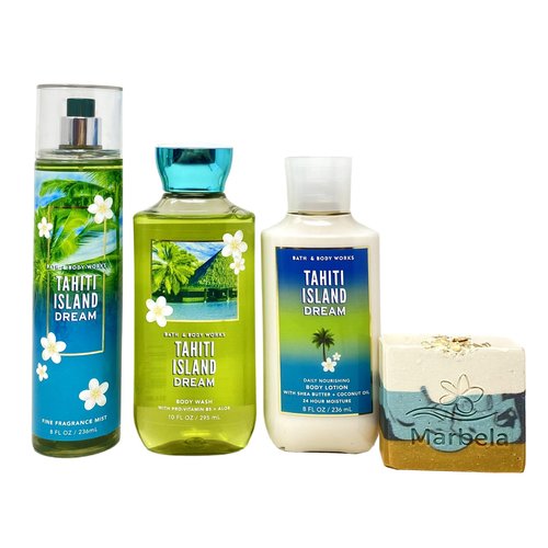 Bath & Body Works Tahiti Island Dream Trio Gift Set with a Sea Breeze Bar Soap - Fragrance Mist - Body Wash and Body Lotion - Full Size