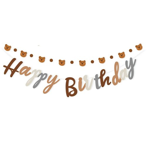 Bear Theme Happy Birthday Banner with Cute Bear Banner, Bday Party Pennant Decor, Wild One Woodland Bear First Birthday Party Supplies