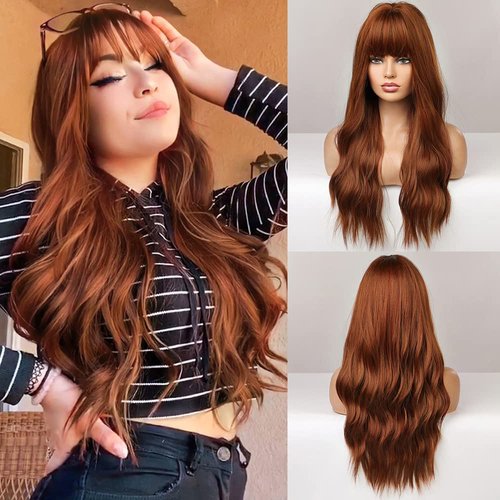 FORCUTEU Auburn Wig with Bangs Long Auburn Wigs for Women Auburn Wavy Wig Heat Resistant Wigs for Daily Party Halloween (Auburn 24inch)