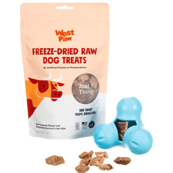 WEST PAW Dog Chew Toy and Puppy Training Treats Bundle, Zogoflex Tux Treat Dispensing Dog Chew Toy, Aqua, Small and Beef Heart Freeze-Dried Raw Dog Treats, Made in USA
