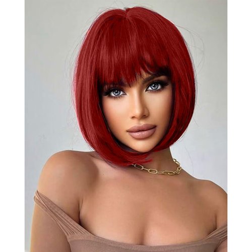 PHOENIXFLY Short Red Bob Wig With Bangs -12 Inch Natural Fashion Bob Wigs for Women, Cute Colored Synthetic Wig for Daily Party Halloween (Red,BUG)