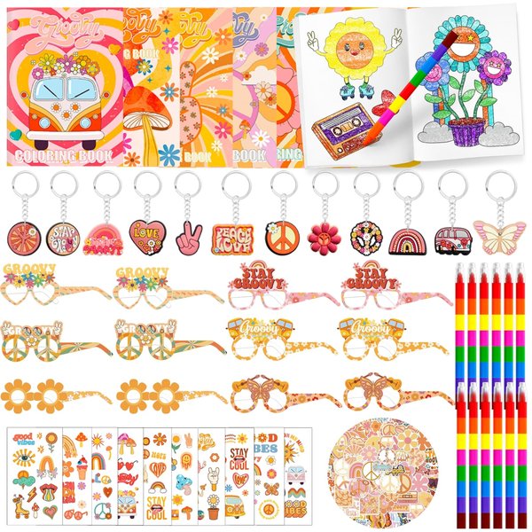 110PCS Groovy Boho Party Favors Groovy Coloring Books and Eight Color Crayons Funny Keychains Paper Glasses Stickers For Kids