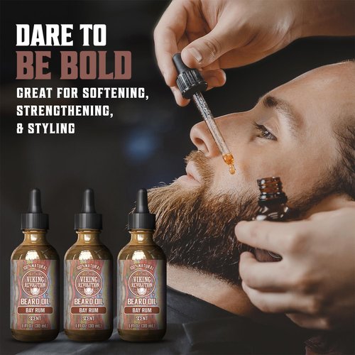 Viking Revolution Bay Rum Beard Oil for Men - Natural Mens Beard Oil with Argan Oil and Jojoba Oil - Beard Softener, Strengthens and Moisturizes - Beard Conditioner for Men (Bay Rum, 3 Pack)