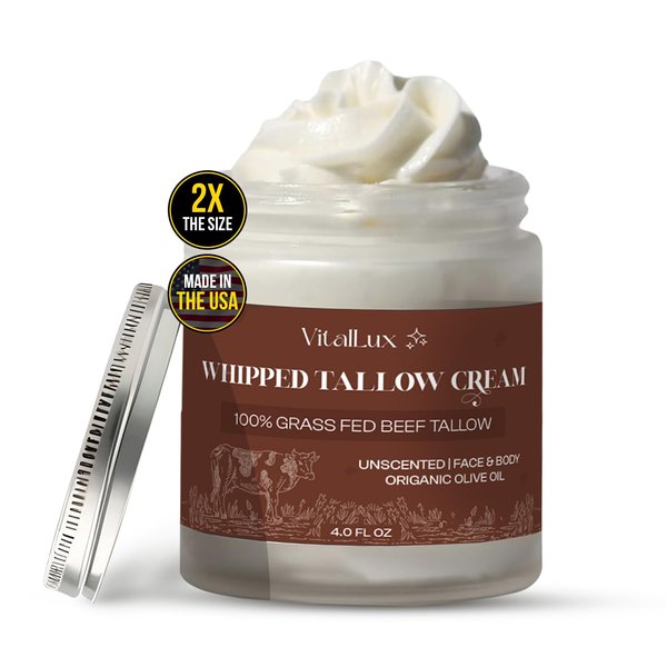 VitalLux Beef Tallow For skin, 100% Organic Grass-Fed Tallow Face and body Whipped Moisturizer, Infused with Oragnic Manuka Honey & Beeswax Balm, Unscented 4oz