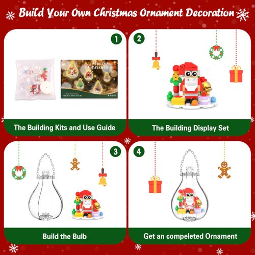 Christmas Ornaments Building Block Set, Compatible with Lego Christmas Tree Decorations Bulbs with Warm Light, Santa Claus Sleigh Phone Booth Fireplace Building Sets Gifts Stocking Stuffers (5 Pack)