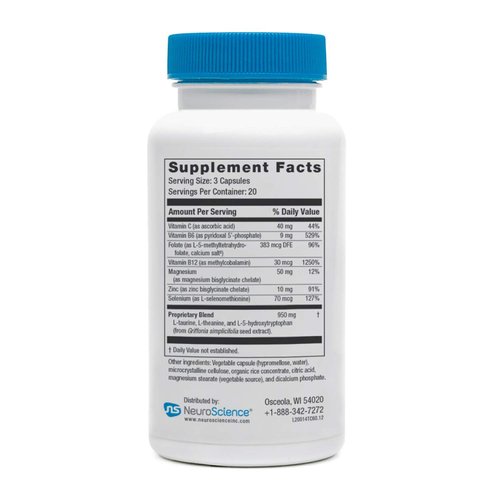 NeuroScience TravaCor - Stress & Mood Support Supplement to Support Calm & Reduce Worrying - Vitamin C, Vitamin B12, L Theanine, Vitamin B6 & 5 HTP - GABA Neurotransmitter Supplement (60 Capsules)