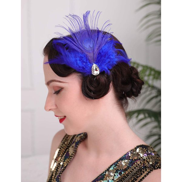Aimimier 1920s Flapper Feather Hair Clip Royal Blue Headpiece Prom Party Roaring 20s Accessories for Women and Girls