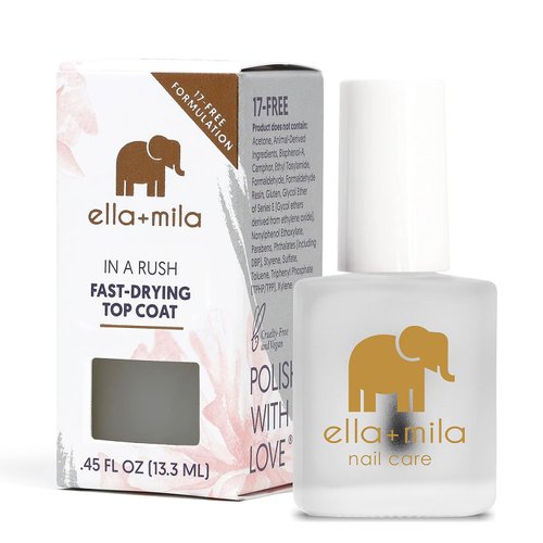 ella+mila "In a Rush Fast Dry Top Coat Nail Polish with High Glossy Shine. This clear nail polish features a UV inhibitor to resist yellowing and comes in a 0.45 fl oz bottle
