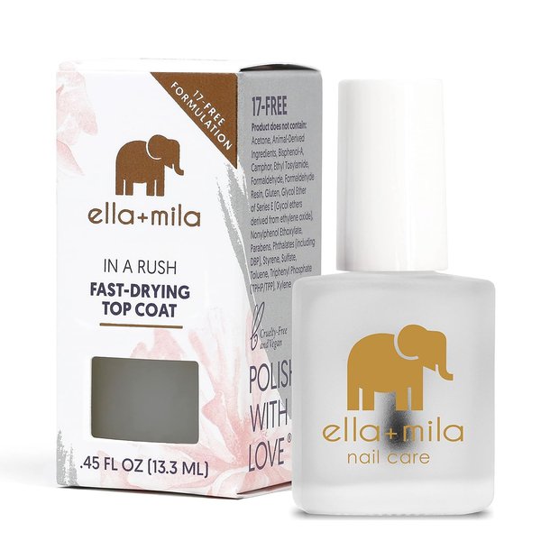 ella+mila "In a Rush Fast Dry Top Coat Nail Polish with High Glossy Shine. This clear nail polish features a UV inhibitor to resist yellowing and comes in a 0.45 fl oz bottle