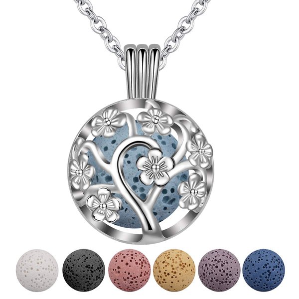 INFUSEU Sakura Tree Aromatherapy Necklace, Essential Oils Diffuser Locket Pendant with 7 PCS Lava Rock Stones and 24" Link Chain