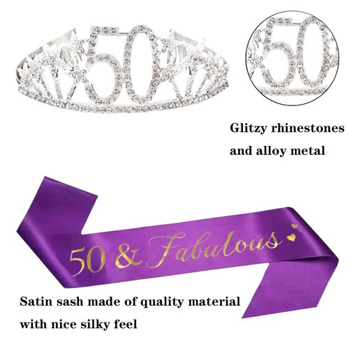 Happy 50th Birthday Tiara and Sash Gifts Crystal Rhinestone Princess Crown Birthday Queen Party Favor Supplies Silver Crowns Purple Sash