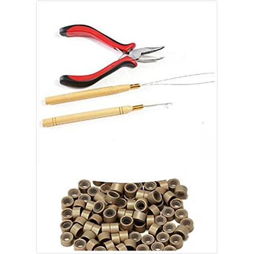 1 bottle/200pcs Micro Links/Beads+1pcs Pulling Needle+1pc plier Hair Extensions Tool kit (Light B...