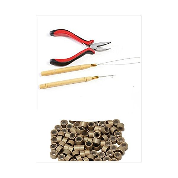 1 bottle/200pcs Micro Links/Beads+1pcs Pulling Needle+1pc plier Hair Extensions Tool kit (Light Brown)
