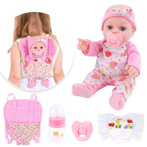 VAWMJOT 12 Inch Baby Doll with Carrier Play Set and Clothes,Reborn Baby Doll Accessories with Bottles,Pacifiers,Diapers