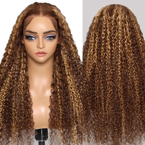 FABA Highlight Ombre Deep Wave Wig Honey Blonde Lace Front Wigs Human Hair Pre Plucked 20 Inch 13X4 Ombre Lace Front Wigs Human Hair for Women 180% Density #4/27 Curly Lace Front Wig Human Hair