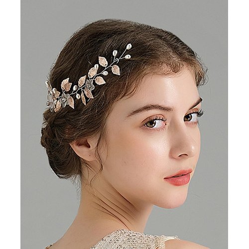 Teyglen Wedding Gold Leaf Hair Comb Flower Bridal Hair Comb Headband Handmade Rhinestone Pearl Hair Piece Gold Headpiece Hair Accessories for Women Bride Girls