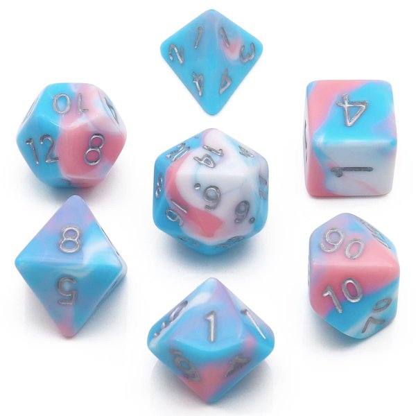 PJOY DND Dice Set 7PCS Blue Pink White D&D Polyhedral Dice with Velvet Dice Bag for Role Playing Dice Games as Dungeons and Dragons (Pastel Paradise)