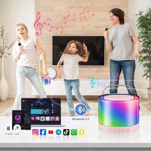 Mini Karaoke Machine for Kids, Bluetooth Speaker with 2 Wireless Microphones, Protable Toddler Karaoke Machine Toys with Variable Voice LED Lights for 4-12 Years Old Girls Christmas Birthday Gift