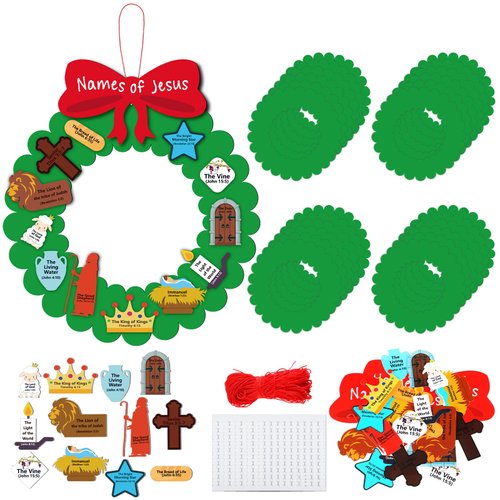 Qilery 24 Sets 10.63 Inch Christmas Names of Jesus Wreath Craft Kit DIY Christmas Nativity Wreath Religious Christmas Crafts for Kids Art Crafts Holiday Classroom Home Activities