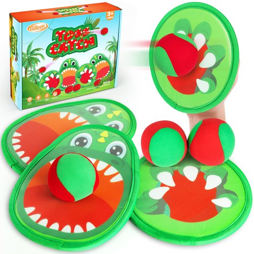 Billeeit Dinosaur Toss and Catch Ball Set, Catch Game Toys, Outdoor Toys for Kids 3+ 4 5 6 7 8, Backyard Lawn Games Pool Beach Toys with 4 Rackets, 4 Balls, 1 Drawstring Bag