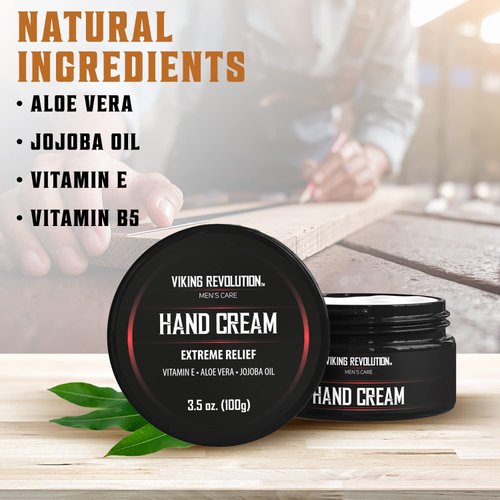 Viking Revolution Mens Hand Cream for Men - Hand Cream for Dry Cracked Hands Repair Cream - Dry Hand Cream for Dry Hands Balm - Aloe Vera Dry Hands Treatment Skin Moisturizer with Vitamin E (3.5oz)