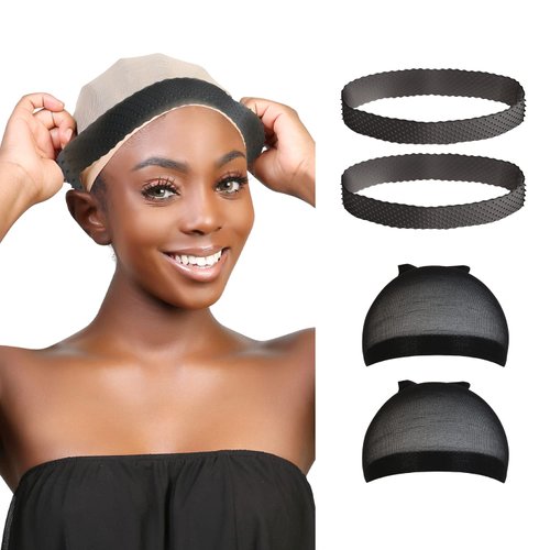 STUDIO LIMITED Flexible Silicone Non Slip Wig Band, Silicone Wig Hold Wigs Grip Head Band Non Slip Transparent Wigs Men Women Sports Yoga (Black - 2 Wig Bands & 2 pcs Wig Caps)