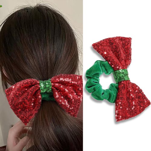 Christmas Bow Hair Scrunchies Sequins Bowknot Hair Ties Red Velvet Elastic Hair Band Ponytail Holder Xmas Hair Accessories for Women Girls