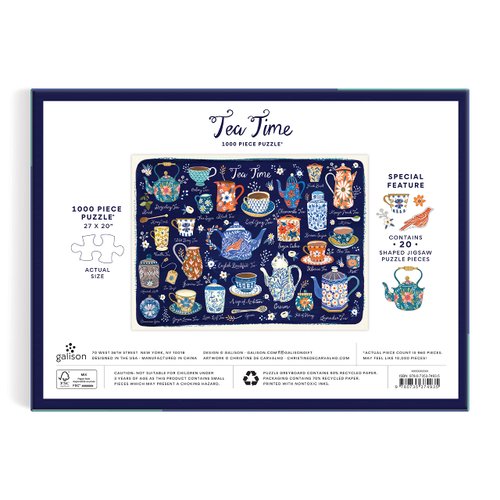 Tea Time 1000 Piece Puzzle with Shaped Pieces from Galison - 27” x 20” Puzzle with 20 Uniquely Shaped Pieces, Colorful Artwork, Thick & Sturdy Pieces, Challenging and Fun Puzzling Activity for Adults