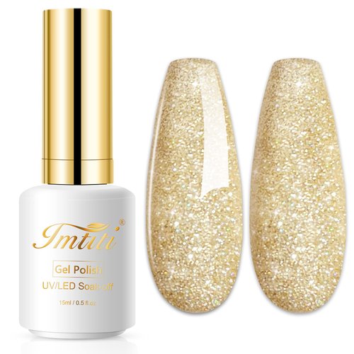 Imtiti Glitter Gel Nail Polish, 1 Pcs 0.5 Fl Oz Champagne Gold Glitter Gel Polish Soak Off LED U V Nail Gel Polish Nail Polish DIY Nail Art Starter Manicure Salon Gel Nail Polish Kit for Women Girls
