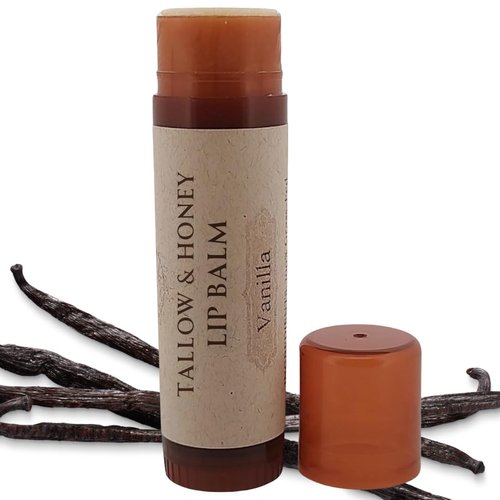 Lip Balm with Beef Tallow, Natural Essential Oils, Unscented, Organic (Vanilla)