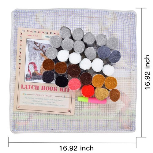 Ylkgogo Latch Hook Kit DIY Throw Pillow Cover Pre-Printed Reindeer Canvas Handicrafts for Kids & Adults Needlework Home Decoration 17'' x 17''