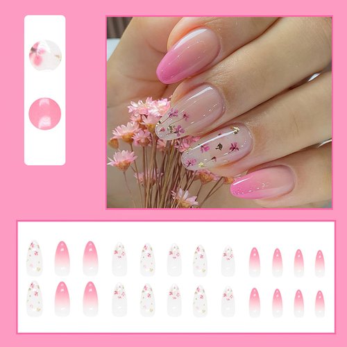 ROFIBUT Flower Press on Nails Medium Almond Fake Nails Glossy Gradient Pink Glue on Nails Small Floral False Nails Pink French Full Cover Stick on Nails for Women Girls Manicure Decoration 24Pcs