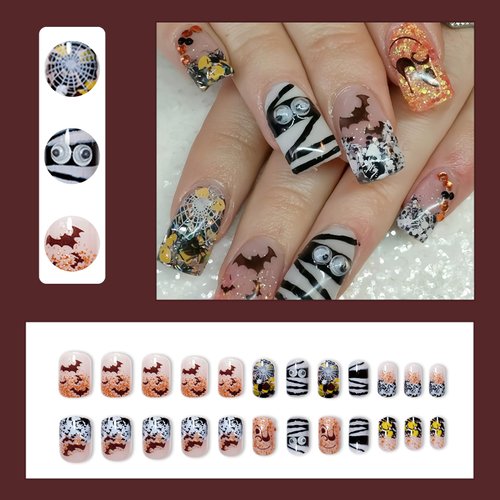 Orange Glitter Halloween Press on Nails Short Square Fake Nails Big Eyes Charms Mummy Colorful Sequins Nail Decals Nails Press ons Spider Web Bat Cat False Nails Glue on Nails Stick on Nails for Women