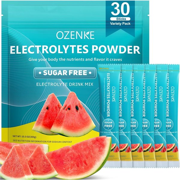 OZENKE Electrolytes Powder Packets,30 Sticks Hydration Packets Sugar Free, Electrolyte Drink Mix Portable Electrolyte Packets for Rapid Hydration, 0 Sugar & 0 Calorie, Watermelon Flavor