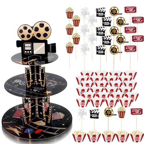 50 pcs Movie Night Party Decoration 3 Tier Movie Night Cupcake Stand Baby Birthday Cardboard Decorations Cupcake Toppers Holder Party Cupcake Stand Decor