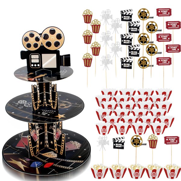 50 pcs Movie Night Party Decoration 3 Tier Movie Night Cupcake Stand Baby Birthday Cardboard Decorations Cupcake Toppers Holder Party Cupcake Stand Decor