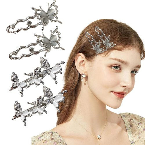 4 Pcs Butterfly Hair Clips Bangs Liquid Cat Eye Butterfly Alligator Hair Barrettes Side Clip Y2k Cute Shiny Silver Metal Butterfly Hair Claws Hair Pins for Women