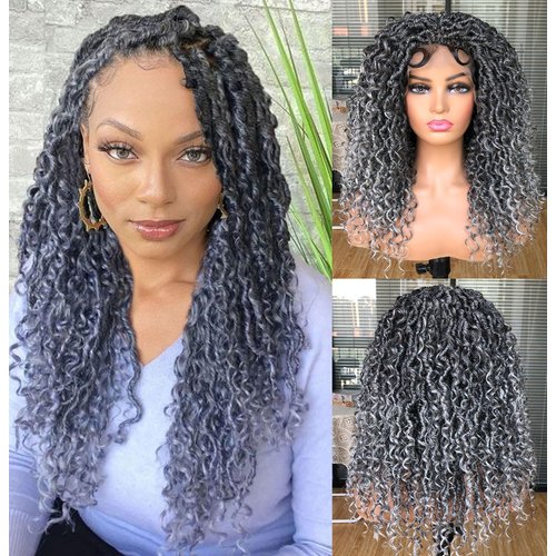 MURAMURA HAIR Goddess Faux Locs Wigs for Black Women 18Inch Full Lace Curly Synthetic Wigs with Baby Hair Bohemia Locs Twist Crochet Curls Braid Braided Wig(Ombre Grey)
