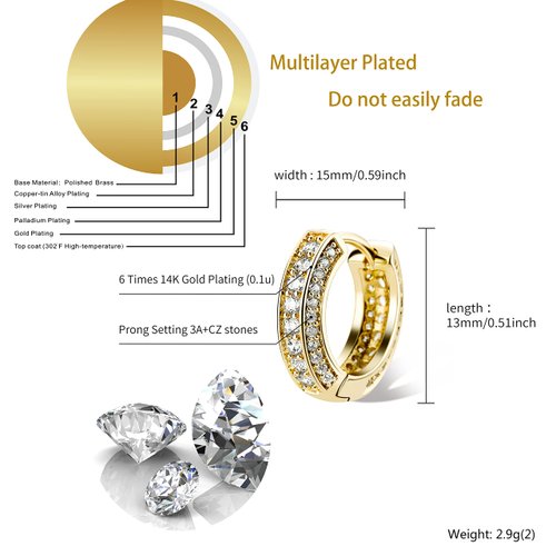 TOPGRILLZ Iced Out Hoop Earrings Cubic Zirconia Huggie Cartilage Cuff Diamond Hypoallergenic 14K Gold Plated Luxury Fashion Round Circle Earrings Jewelry Gift for Men Women-Gold
