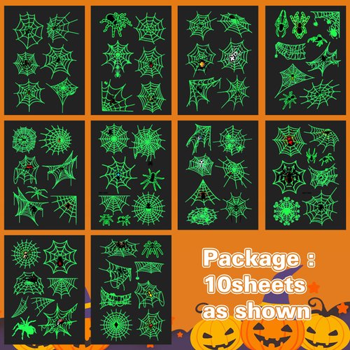Luminous Halloween Temporary Tattoos for Kids，Halloween Party Favors-10 Sheet Glow Halloween Spider Web Tattoos for Boys and Girls,Halloween Decorations,Games Gift Prizes for Kids,Goodie Bag Fillers
