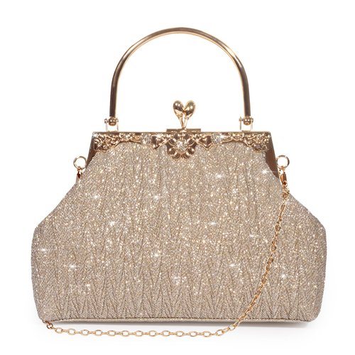 AOYUNHUI Evening Purse Crossbody Shoulder Bag Women Vintage Kiss Lock Top Handle Handbag with Chain Strap-Gold