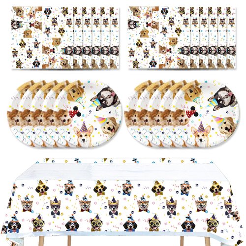 41pcs dog Party Supplies ,include 20 Plates, 20 Napkin and 1pcs Tablecloth,Used for Pet Dog Birthday Party Decoration (White dog HHH)