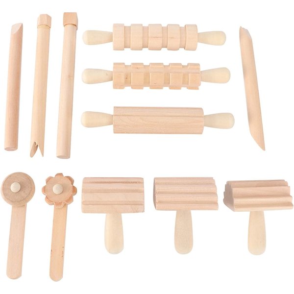 Kisangel 12pcs Wooden Dough Tools Clay Pattern Rolling Pin Set Dough Molding Shaping Tool for Toddler Kids Art Craft Activity Supplies
