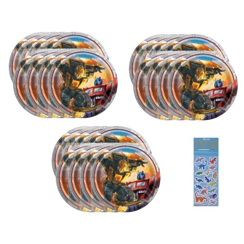 Unique Transformers Party Supplies Bundle Pack includes 24 Dessert Cake Paper Plates and 1 Dinosaur Sticker Sheet