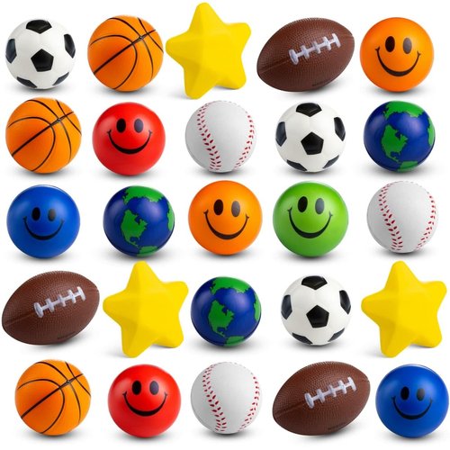 Bulk Mini Stress Balls for Kids (25 Pack) 2-3 Inch Soft Squeezable Squishy Fidget Toys Balls, Var...