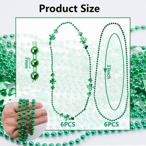 12 PCS Mardi Gras Beads Necklaces 33Inch 7mm Green Plastic Bead Necklaces, Shamrock Necklaces Bulk for St. Patrick's Day, Mardi Gras Party, Costume Accessory Supplies Decorations, Party Favors