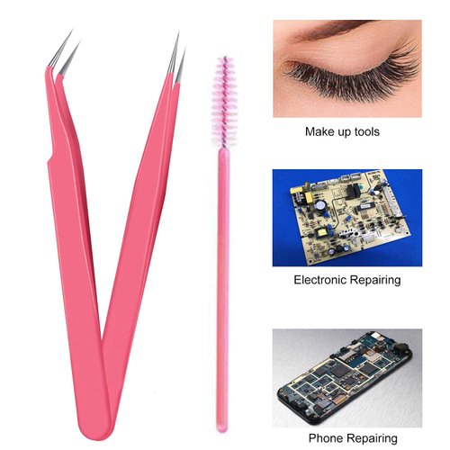 BlingKingdom Stainless Steel Eyelash Extension Tweezers Straight and Curved Tip Eyelash Tweezers for Eyelash Extension Applications with Eyelash Brush